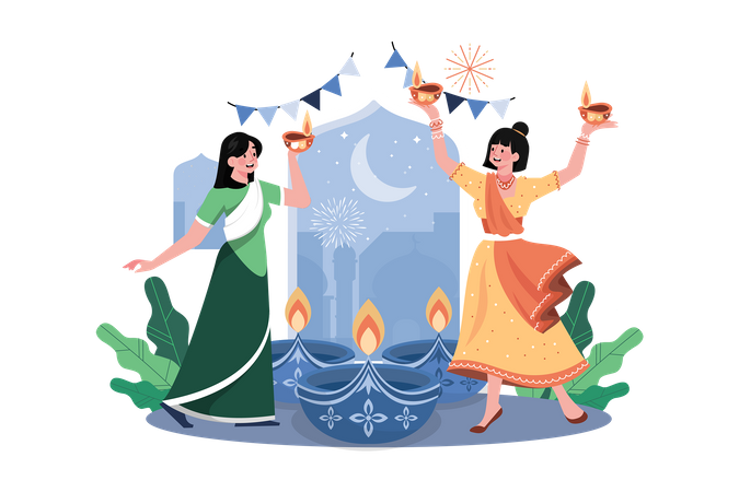 Famille indienne célébrant le festival de Diwali  Illustration