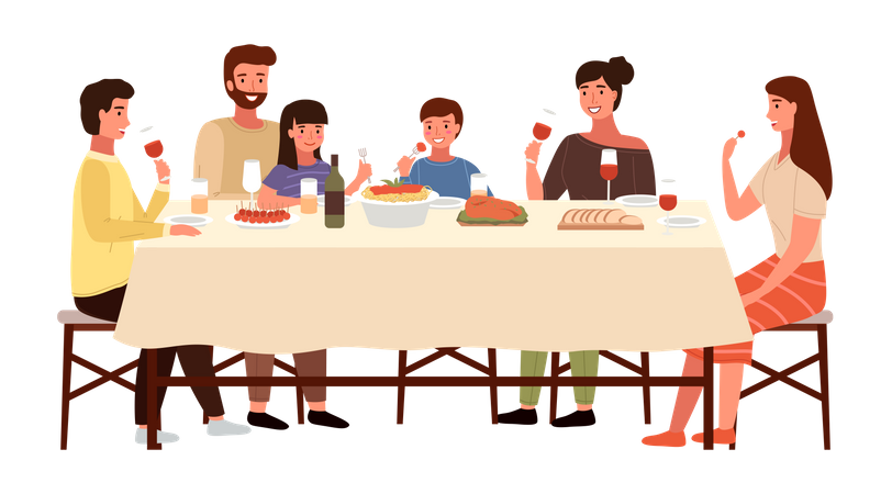 Famille italienne en train de dîner ensemble  Illustration