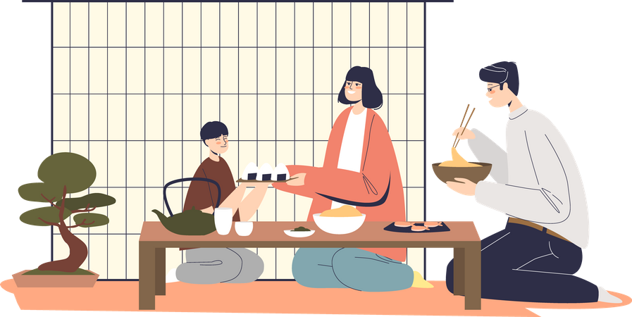 Famille japonaise en train de dîner  Illustration