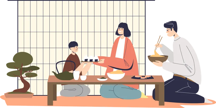 Famille japonaise en train de dîner  Illustration