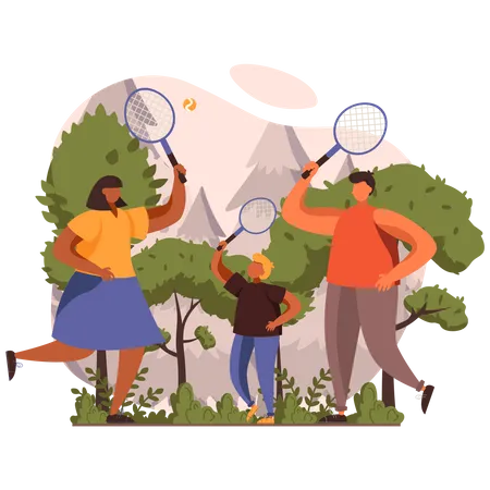 Famille jouant au badminton ensemble  Illustration