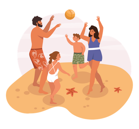 Famille jouant au beach-volley  Illustration