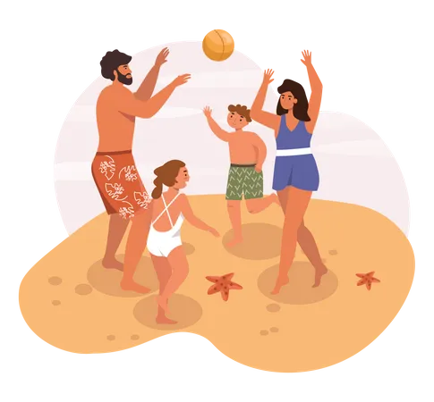 Famille jouant au beach-volley  Illustration