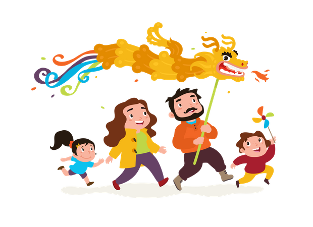 Famille jouant avec un cerf-volant dragon  Illustration