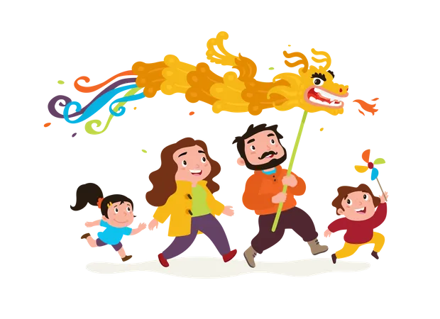 Famille jouant avec un cerf-volant dragon  Illustration