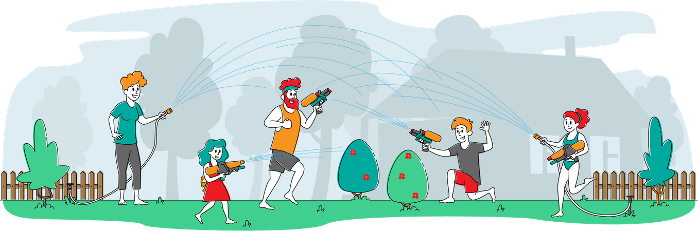 Famille jouant avec un tuyau d'arrosage et un pistolet à eau  Illustration