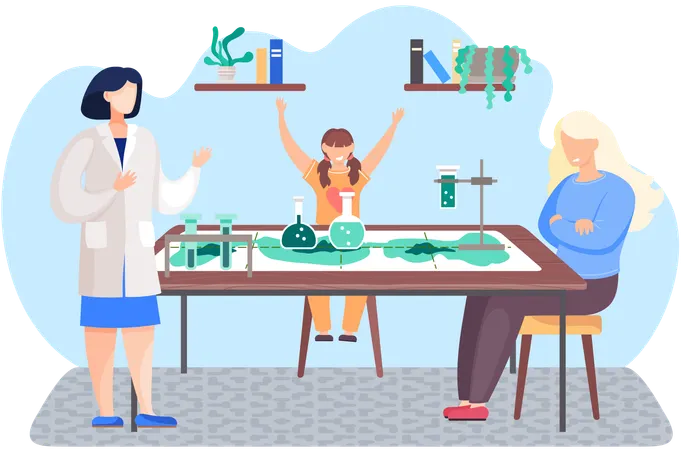 Une famille joue à un jeu de société sur la chimie  Illustration