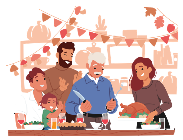 Une famille joyeuse s'est réunie autour d'une table pour célébrer Thanksgiving avec un dîner de dinde  Illustration