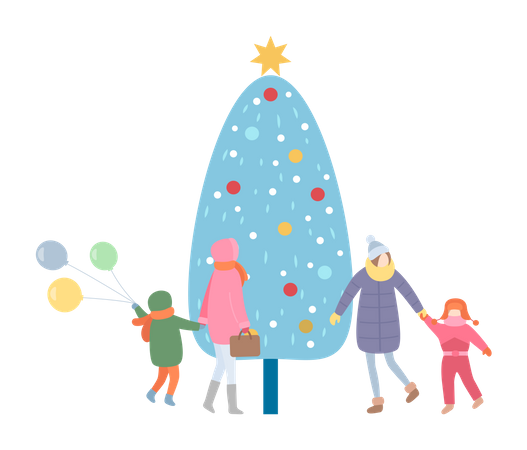 Mère de famille et enfant marchant près de l'arbre de Noël  Illustration