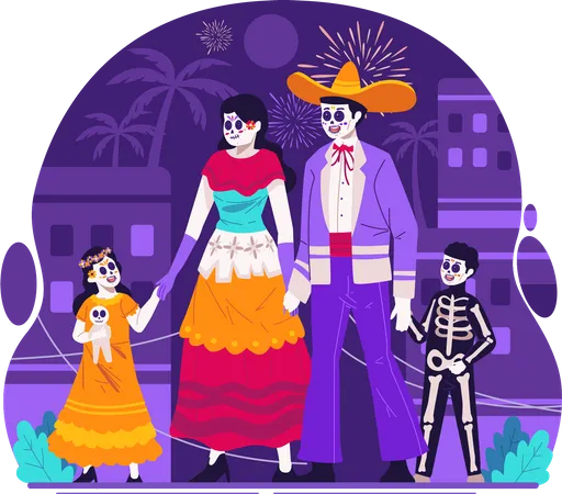Famille mexicaine vêtue de costumes traditionnels mexicains au jour du Carnaval mort  Illustration