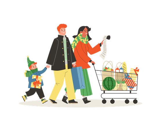 Une famille multiculturelle composée d'un mari et d'un fils roux et blanc et d'une femme d'origine indienne ou hispanique fait du shopping d'hiver  Illustration