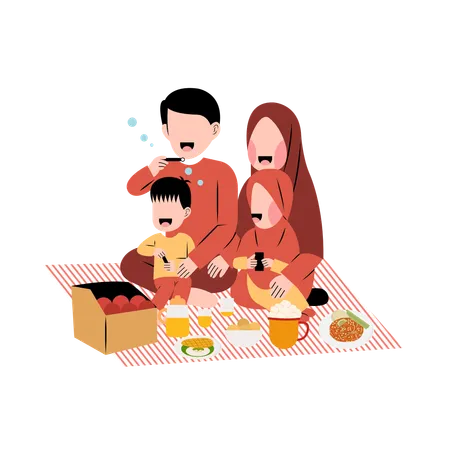 Famille musulmane appréciant la nourriture de pique-nique  Illustration
