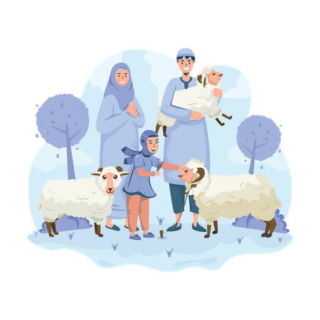 Famille musulmane avec leurs moutons  Illustration