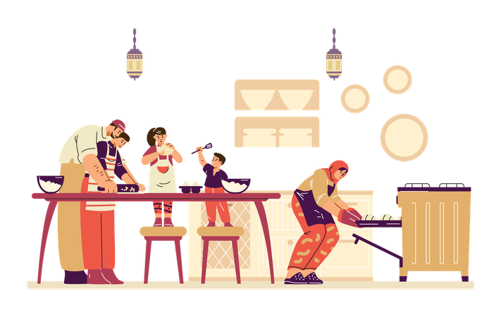 Une famille musulmane cuisine ensemble  Illustration