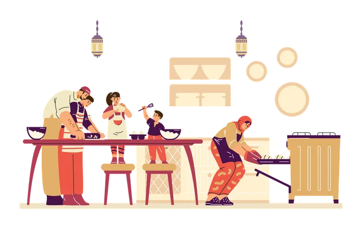 Une famille musulmane cuisine ensemble  Illustration