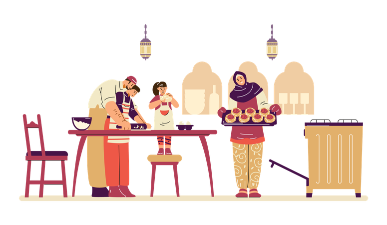 Une famille musulmane cuisine ensemble dans la cuisine  Illustration