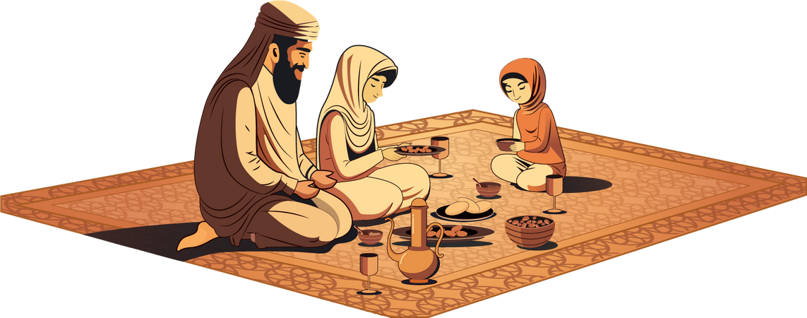 Famille musulmane faisant la prière de l'Aïd en train de dîner  Illustration