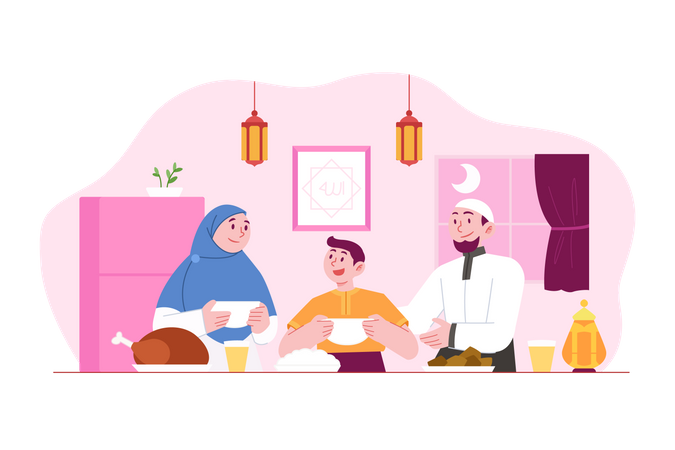 Famille musulmane faisant la fête de l'iftar  Illustration