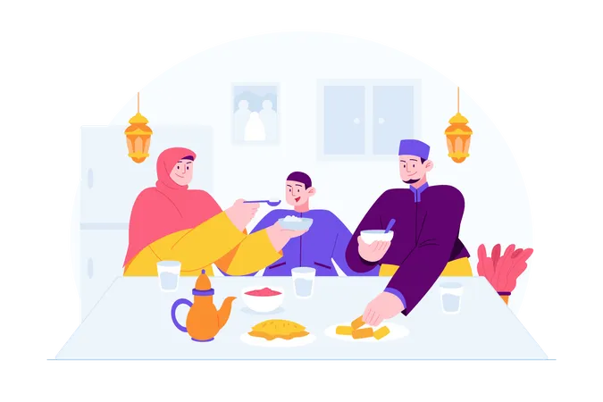 Famille musulmane faisant la fête de l'iftar  Illustration