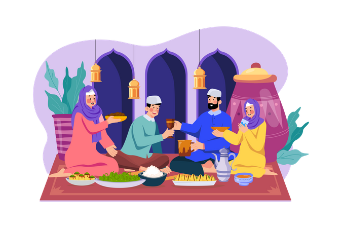 Famille musulmane faisant la fête de l'iftar  Illustration