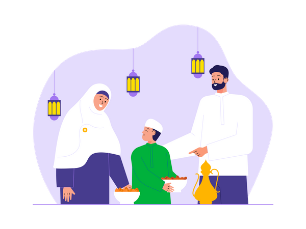 Famille musulmane faisant la fête de l'iftar  Illustration