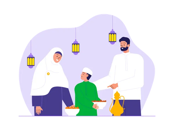 Famille musulmane faisant la fête de l'iftar  Illustration