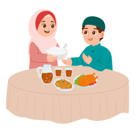 L'heure du repas en famille musulmane  Illustration