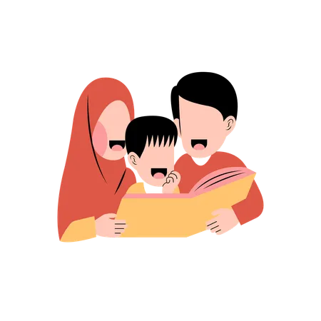 Livre de lecture de famille musulmane ensemble  Illustration
