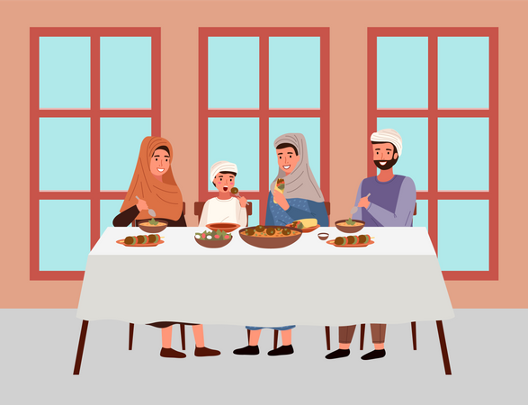 Famille musulmane mangeant de la nourriture casher sur la table à manger à la maison  Illustration