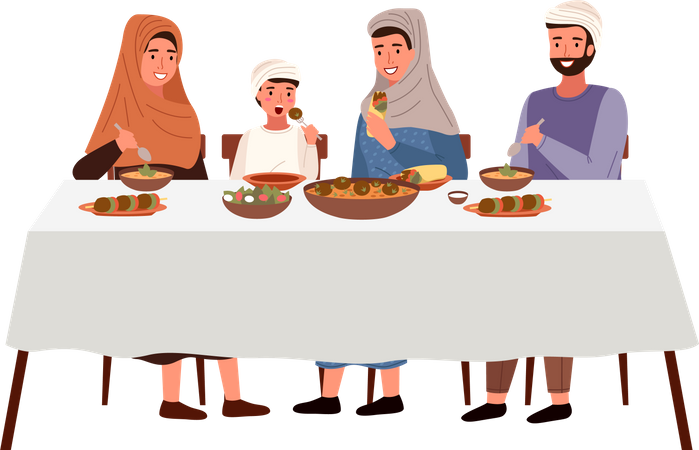 Famille musulmane mangeant de la nourriture casher sur la table à manger  Illustration