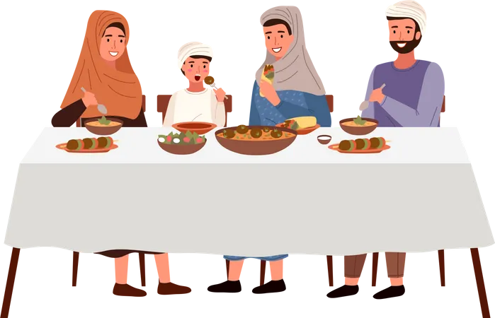 Famille musulmane mangeant de la nourriture casher sur la table à manger  Illustration
