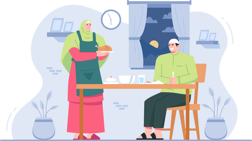 Famille musulmane mangeant le petit déjeuner  Illustration