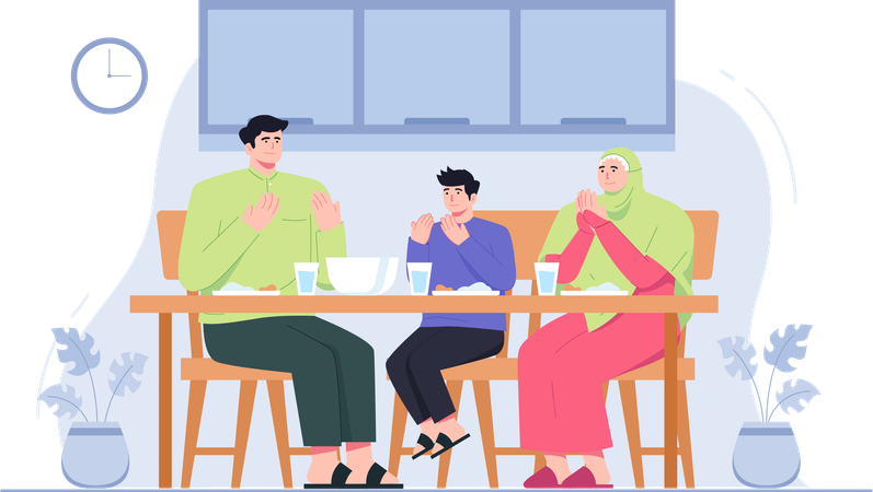 Une famille musulmane mange un dîner suhoor  Illustration