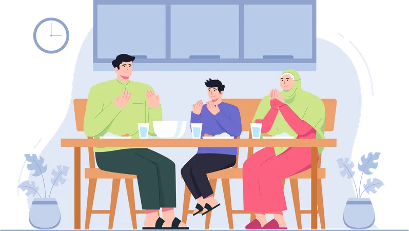 Une famille musulmane mange un dîner suhoor  Illustration