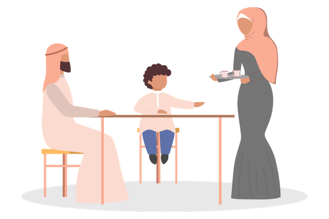 Famille musulmane prenant un café assis ensemble  Illustration