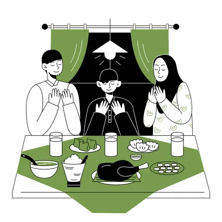 Famille musulmane priant avant de manger  Illustration