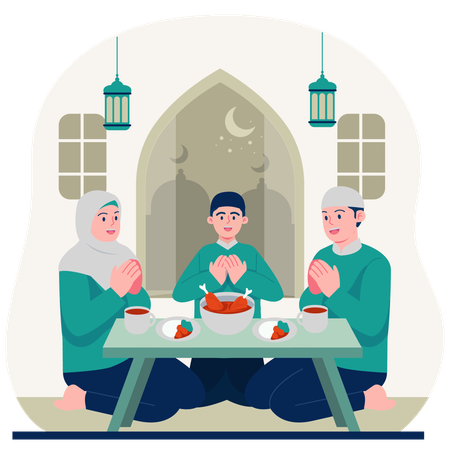 Famille musulmane priant avant l'Iftar  Illustration