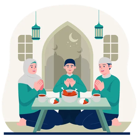 Famille musulmane priant avant l'Iftar  Illustration