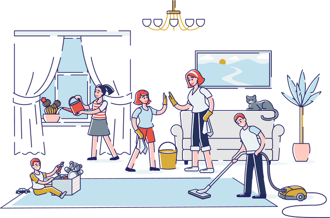 Famille nettoyant la maison ensemble  Illustration