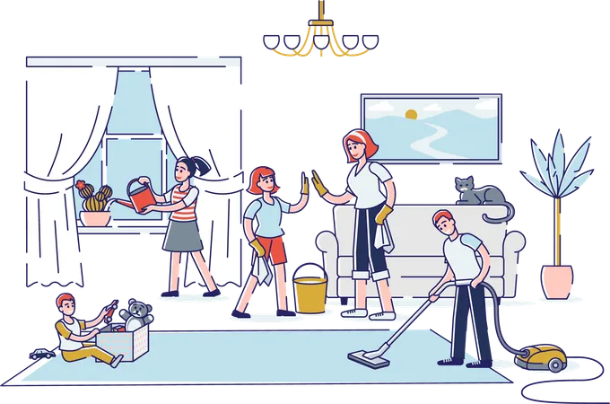 Famille nettoyant la maison ensemble  Illustration