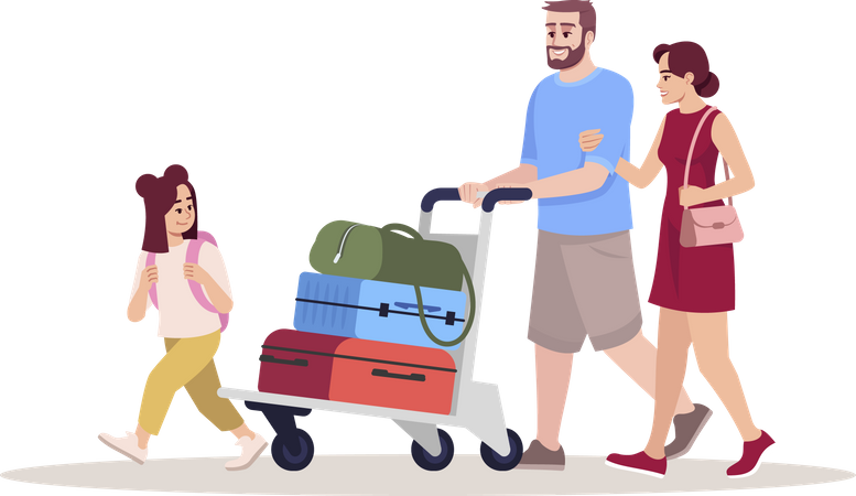 Famille partant en vacances portant des sacs à bagages  Illustration