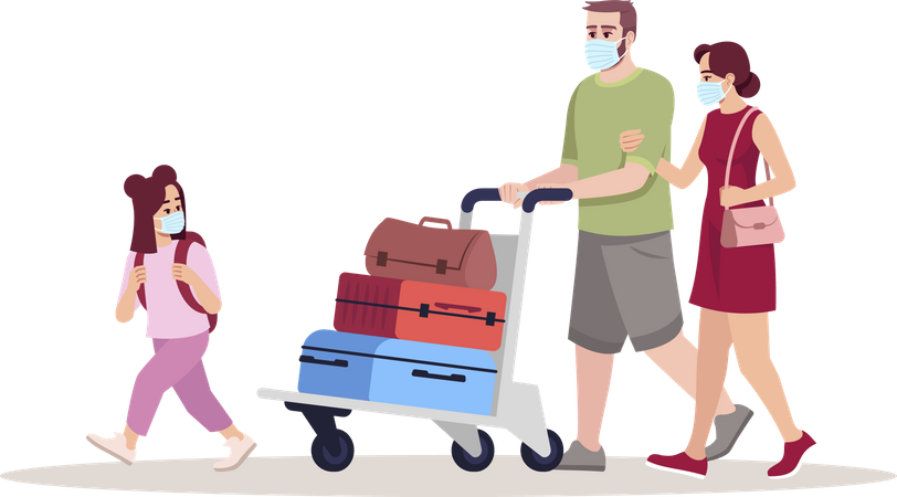 Famille portant un masque et partant en vacances  Illustration