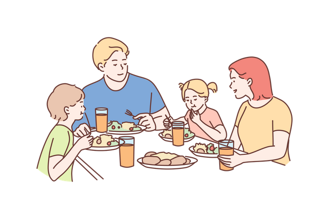 Famille prenant de la nourriture ensemble  Illustration