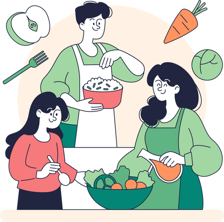 La famille prépare ensemble un bol de légumes  Illustration