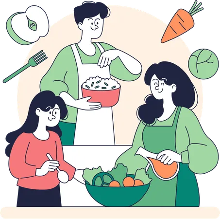 La famille prépare ensemble un bol de légumes  Illustration