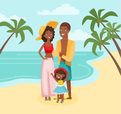 Famille bénéficiant d’une plage tropicale  Illustration