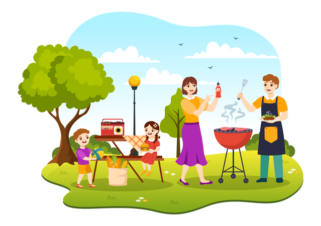 Famille bénéficiant d'une soirée barbecue  Illustration