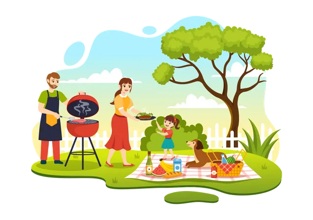 Famille bénéficiant d'une soirée barbecue dans le parc  Illustration