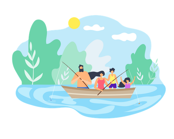 Famille appréciant la pêche dans le lac  Illustration