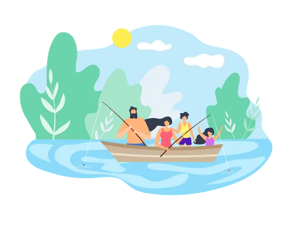 Famille appréciant la pêche dans le lac  Illustration